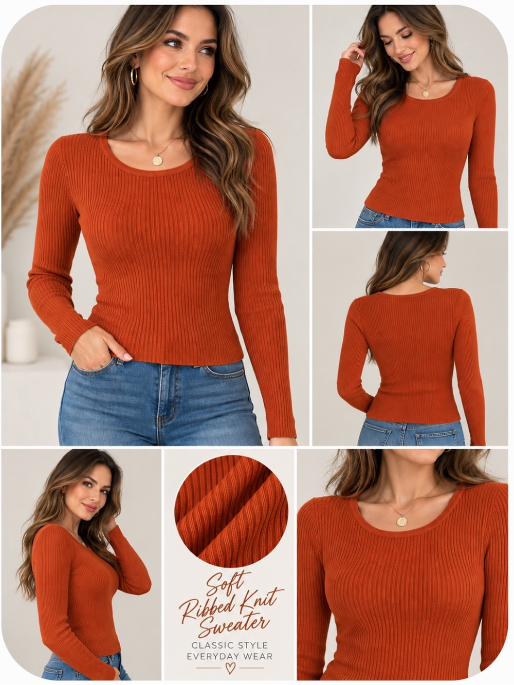 Ribbed Knit Scoop Neck Sweater in Rust Orange NWT